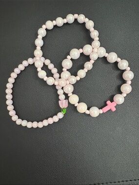 Pink glass Beaded Bracelet Set with Cross and Flower Charm